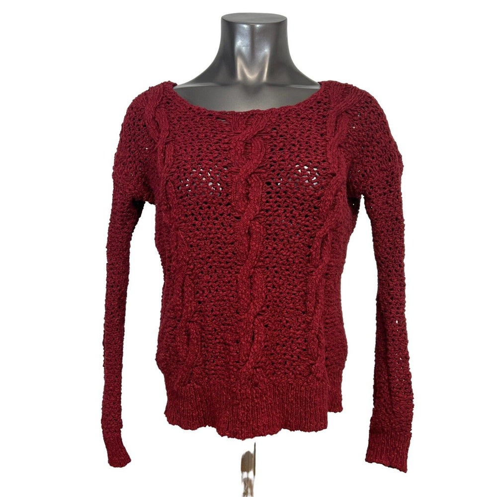 Tommy Bahama Women's Sweater Open Cable Knit Long Sleeve Red Round Neck Small